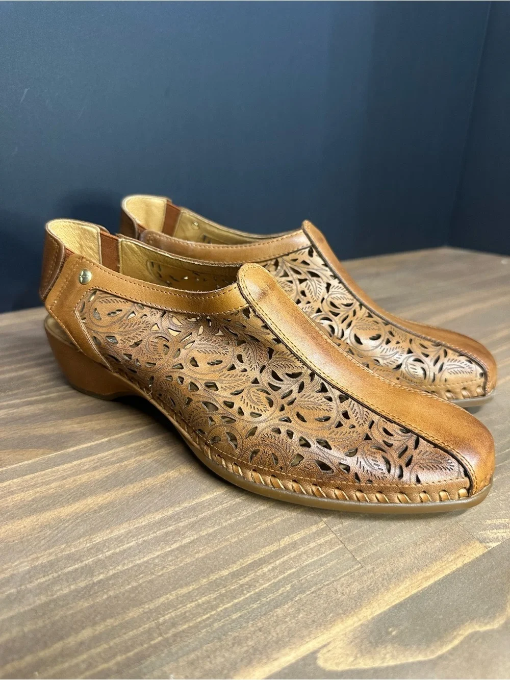 PIKOLINOS Tan Laser-Cut Leather Wedge Shoes